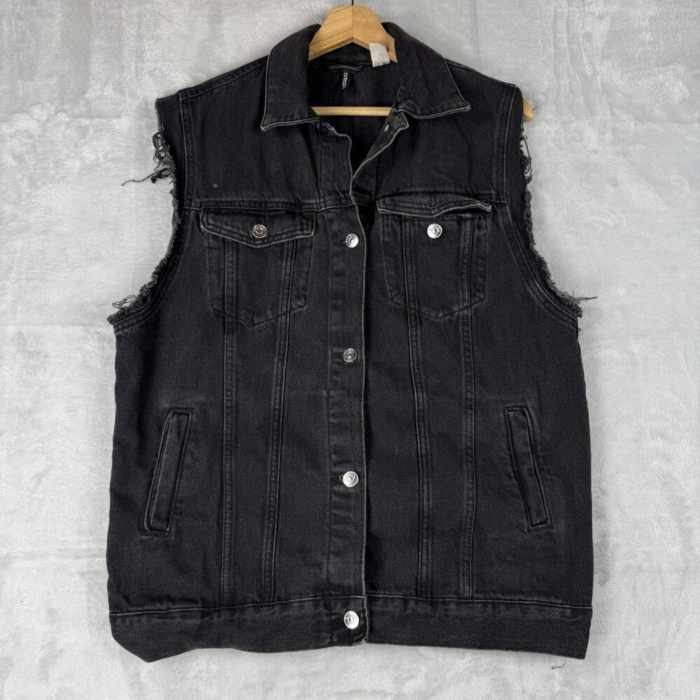 H&M Black Denim Vest Sleeveless Trucker Jacket Distressed Men Size S Biker Y2K